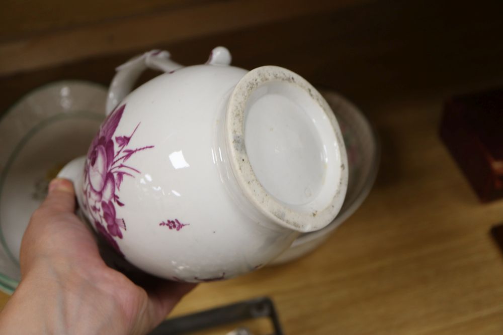 A 19th century German porcelain hot water jug, two Regency porcelain dishes a pair of Wilson pearlware dishes and a Wedgwood basket